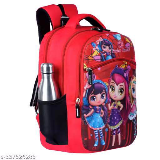 Red Cartoon Printed Backpack for Girls | Kids School Bag | Lightweight Travel Backpack with Bottle Pocket