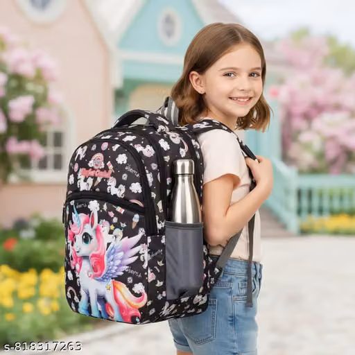 Girls School Backpack with Unicorn Print | Lightweight Water-Resistant Kids Bag | Padded Straps & Bottle Pocket | Black