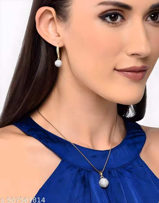 Silver Plated American Diamond Pendant Set with Chain & Earrings