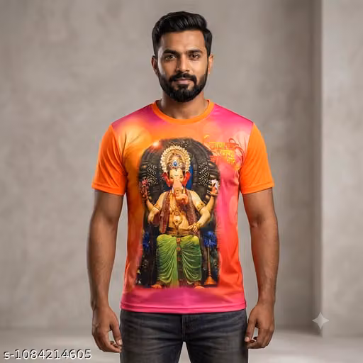 Ganesh ji wali tshirt, Ganpati print shirt, bhagwan print tshirt, orange tshirt men.