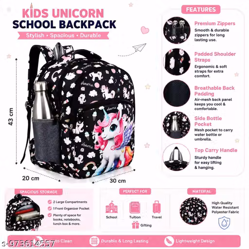 Kids Unicorn Printed School Backpack | Lightweight Waterproof School Bag for Girls | Multi-Compartment Travel Backpack