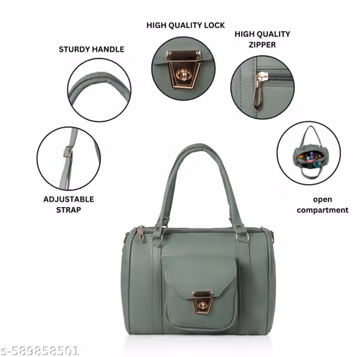 Women’s Grey Handbag with Front Lock & Sling Strap | PU Leather Shoulder & Crossbody Bag | Stylish Office & Daily Use Ladies Bag