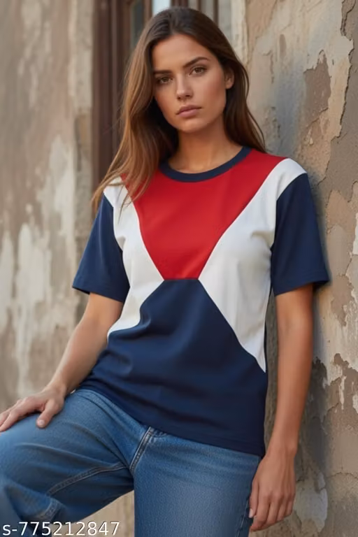 Women’s Color Block T-Shirt – Red Grey & Black Geometric Casual Streetwear Top|Women’s Casual T-shirts|Women’s Streetwear Color Block Top|tylish Short Sleeve Round Neck T-Shirt