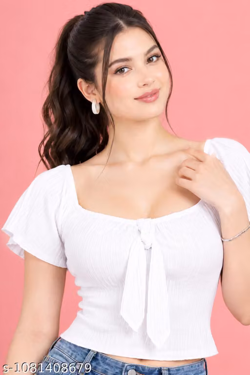 Women Stylish Ribbed Crop Top | Square Neck Front Tie Up | Short Sleeve Casual Top