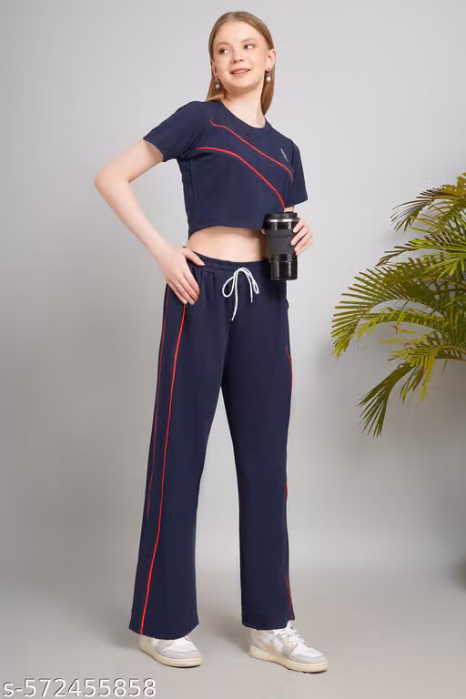 Navy Blue Co-ord Set with Red Piping Women Tracksuit