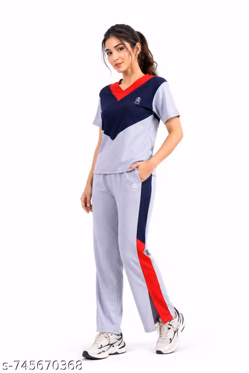 Women Stylish Color Block Lounge Wear Set Top & Track Pant|Women Casual V Neck T-Shirt with Jogger Pant Co-Ord Set|Women Trendy Sports Wear Color Block Top and Track Pant Set|Women’s Color Block Lounge Set – V-Neck Short Sleeve Top & Jogger Pants Athleisu