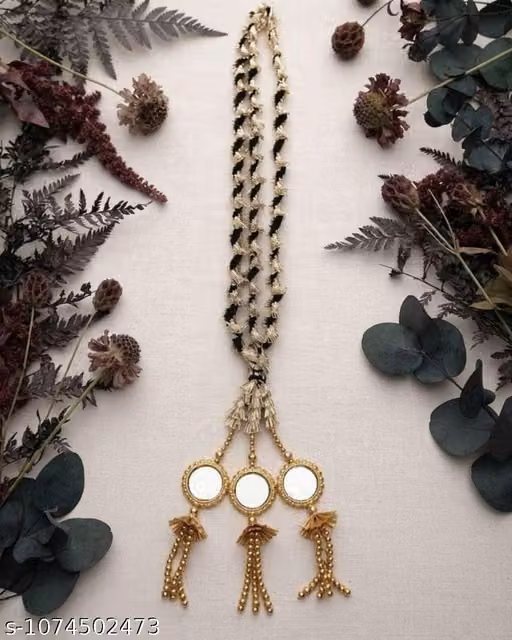 Traditional Gold & Black Floral Braided Hair Paranda with Hanging Tassels