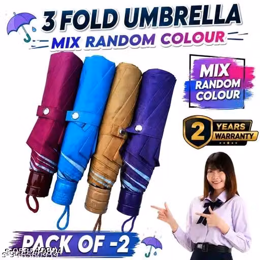 Pack of 2 Premium 3 Fold Umbrellas for Men & Women | Compact Foldable Travel Umbrella | Waterproof Windproof Rain Umbrella | UV Sun Protection Portable Pocket Umbrella | Random Color