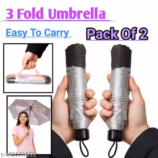 3 Fold Compact Umbrella Pack of 2 – Portable Lightweight Folding Rain & Sun Protection Umbrellas | Wind-Resistant Travel Umbrella for Men & Women (Assorted Colors)