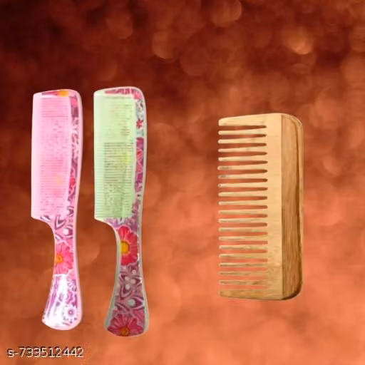 Pack of 3 Hair Combs – 2 Floral Plastic Handle Combs + 1 Natural Wooden Wide-Tooth Comb | Detangling, Styling & Anti-Static Hair Care Set for Men, Women & Kids