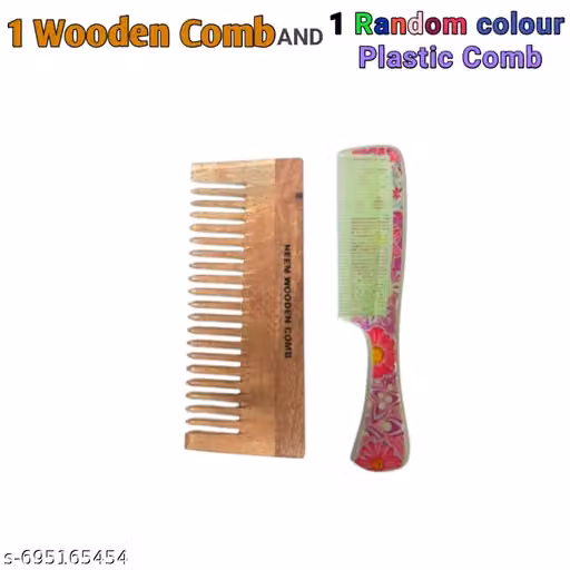 Dual Hair Care Combo – 1 Neem Wooden Comb + 1 Plastic Comb (Random Colour) | Everyday Hair Grooming Essential