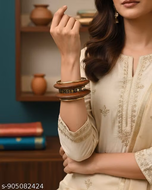 Classic Wooden Gold Disc Bangle Set