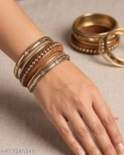 Rustic Wooden Gold Layered Bangle Set