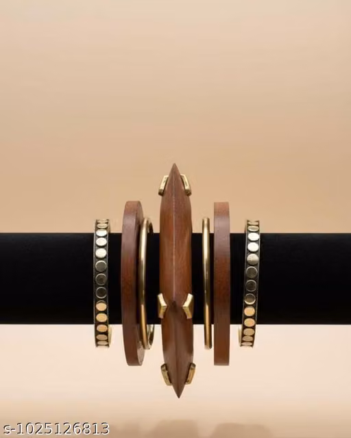 Wooden & Brass Designer Bangle Set for Women | Ethnic Handcrafted 7-Piece Stackable Bangles