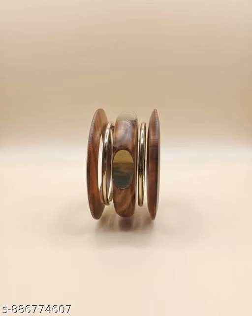 Handcrafted Wooden & Gold Accent Bangle Set (5 Pieces)