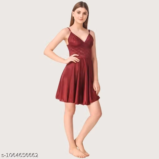 Women’s Maroon Lace Nightwear Dress | Stylish Satin Babydoll Nighty
