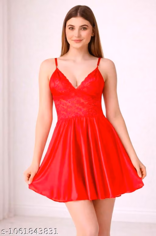 Women’s Red Lace Babydoll Nightdress | Stylish Satin Sleepwear with Spaghetti Straps