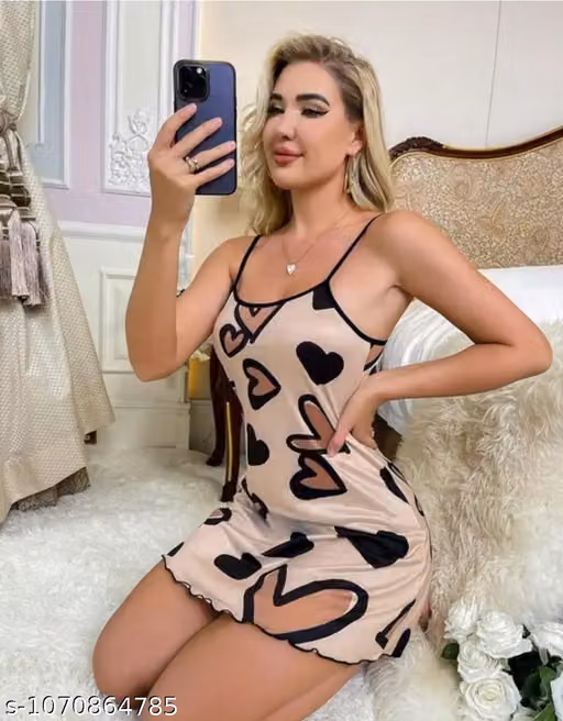 Women Heart Print Night Suit | Sleeveless Printed Nightdress | Comfortable Sleepwear for Women