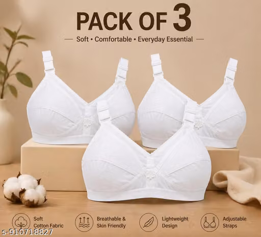 Women Cotton Non-Padded Non-Wired Full Coverage Bra Pack of 3 (White)