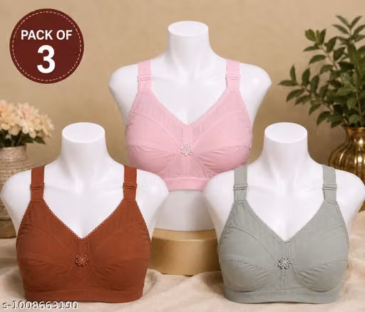 Women Cotton Full Coverage Non Padded Wire Free Bra Pack of 3 Daily Wear Comfort Bra