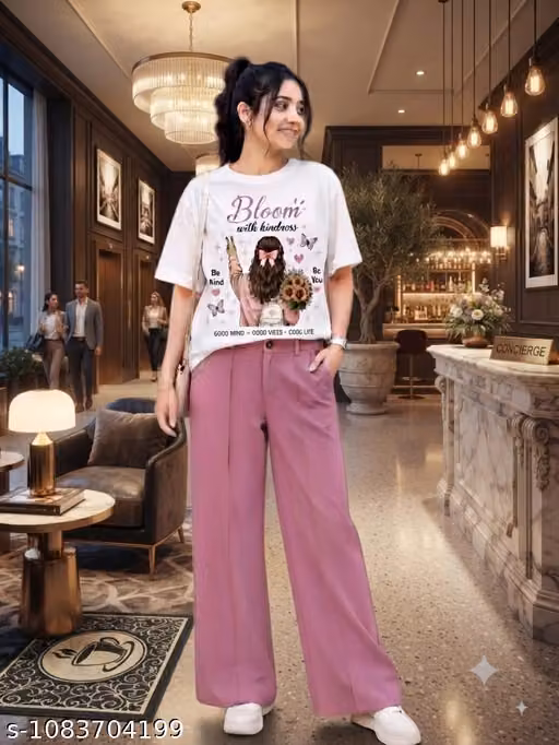 Trendy Women Night Suit Set, Cotton Lycra Loungewear for Women, Stylish Co-ord Clothing Set, Printed T-Shirt with Pocket Free Pant, Comfortable Top Bottom Set