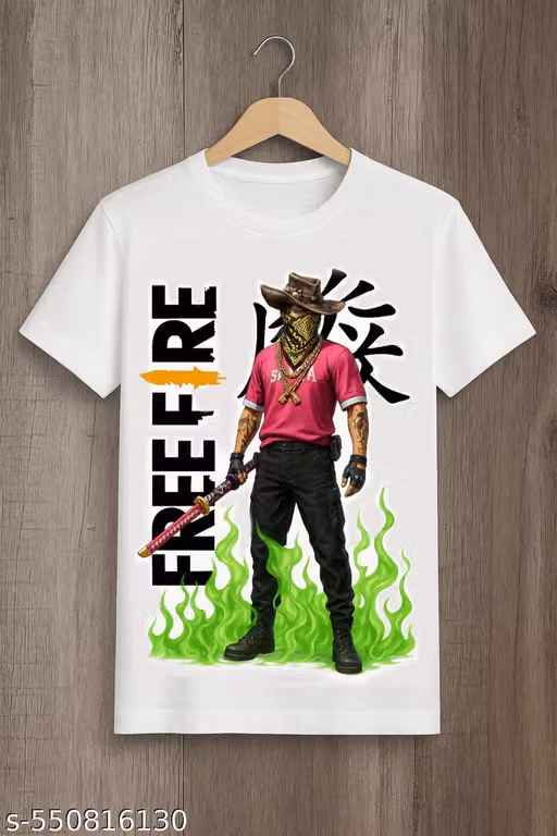 Free Fire Printed Round Neck White Tshirt For Boys And Girls