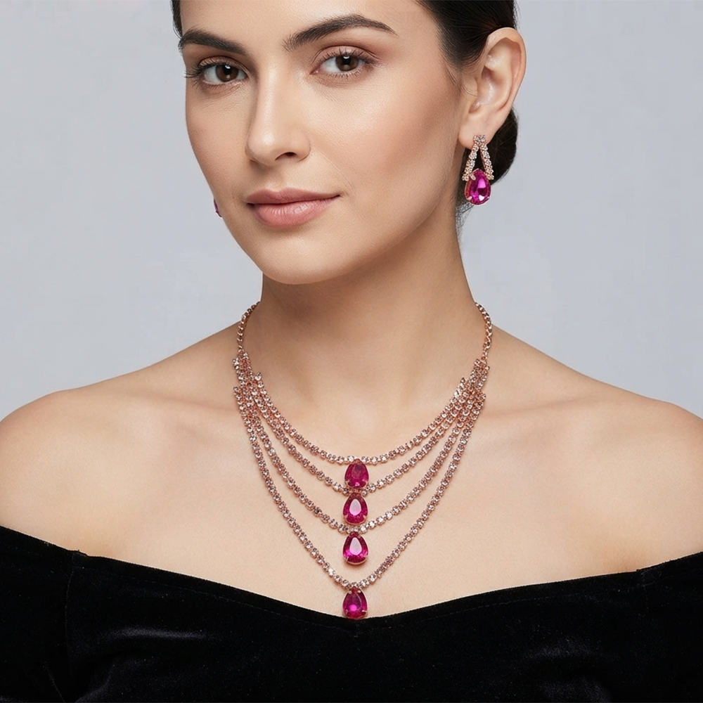 the99jewel-elegant-rose-gold-plated-crystal-stone-4-layer-necklace-set-for-women-1116445e
