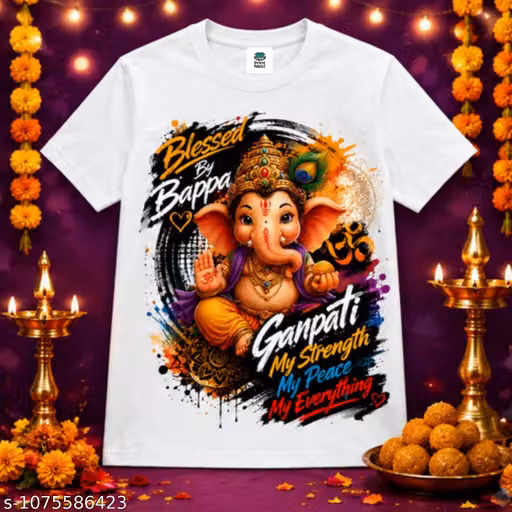 New Arrival Unique Design Ganpati Printed White T-shirt For Boys And Girls