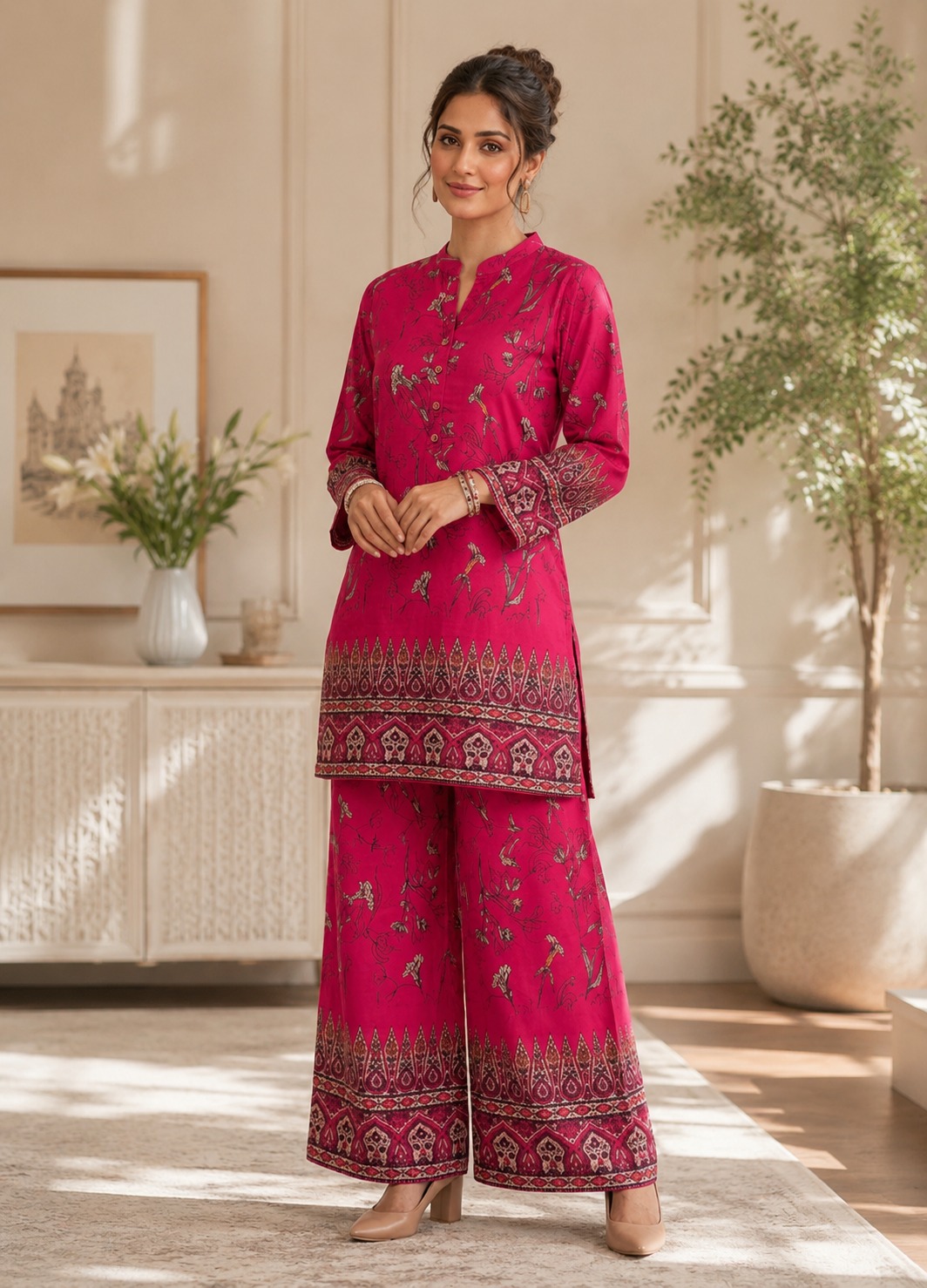 Women’s Pink Printed Kurta Palazzo Set | Ethnic Co-Ord Set for Women | Stylish Festive & Casual Wear