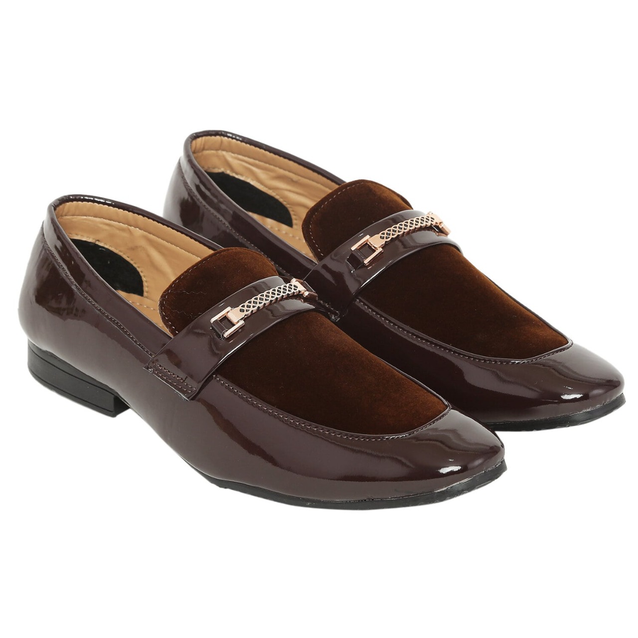 Men’s Dark Brown Velvet Loafers | Glossy Patent Finish Slip-On Formal Shoes with Metal Chain | Wedding & Party Wear