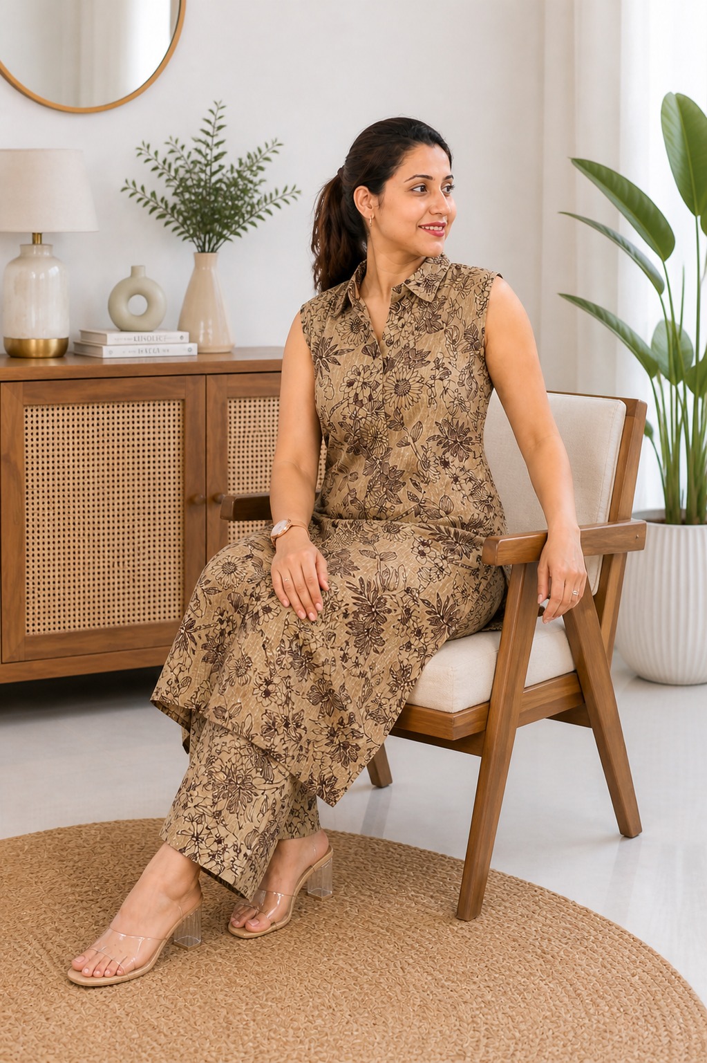 Women Printed Co-Ord Set | Sleeveless Shirt Style Kurta with Palazzo Pants | Casual Ethnic Wear for Women