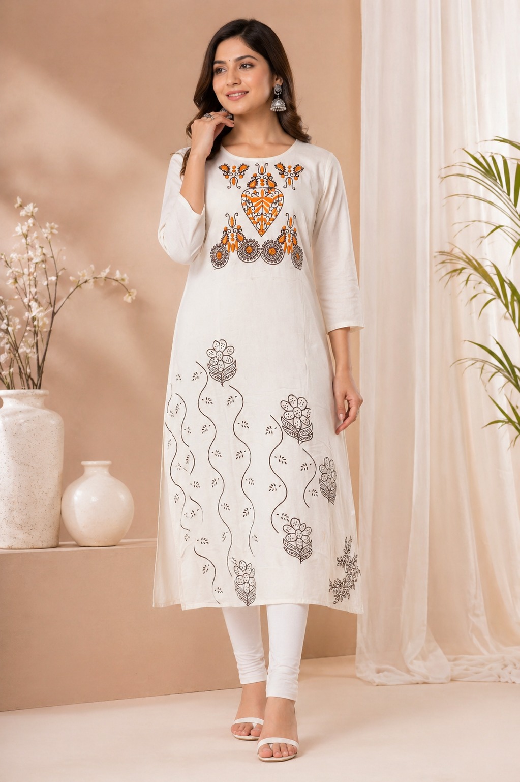 Women’s A-Line Kurti | Printed Ethnic Kurta for Women | 3/4 Sleeve Casual Office Wear Long Kurti