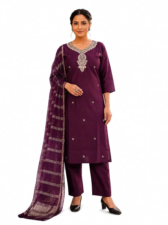 Women’s Deep Purple Embroidered Straight Kurta Set with Dupatta