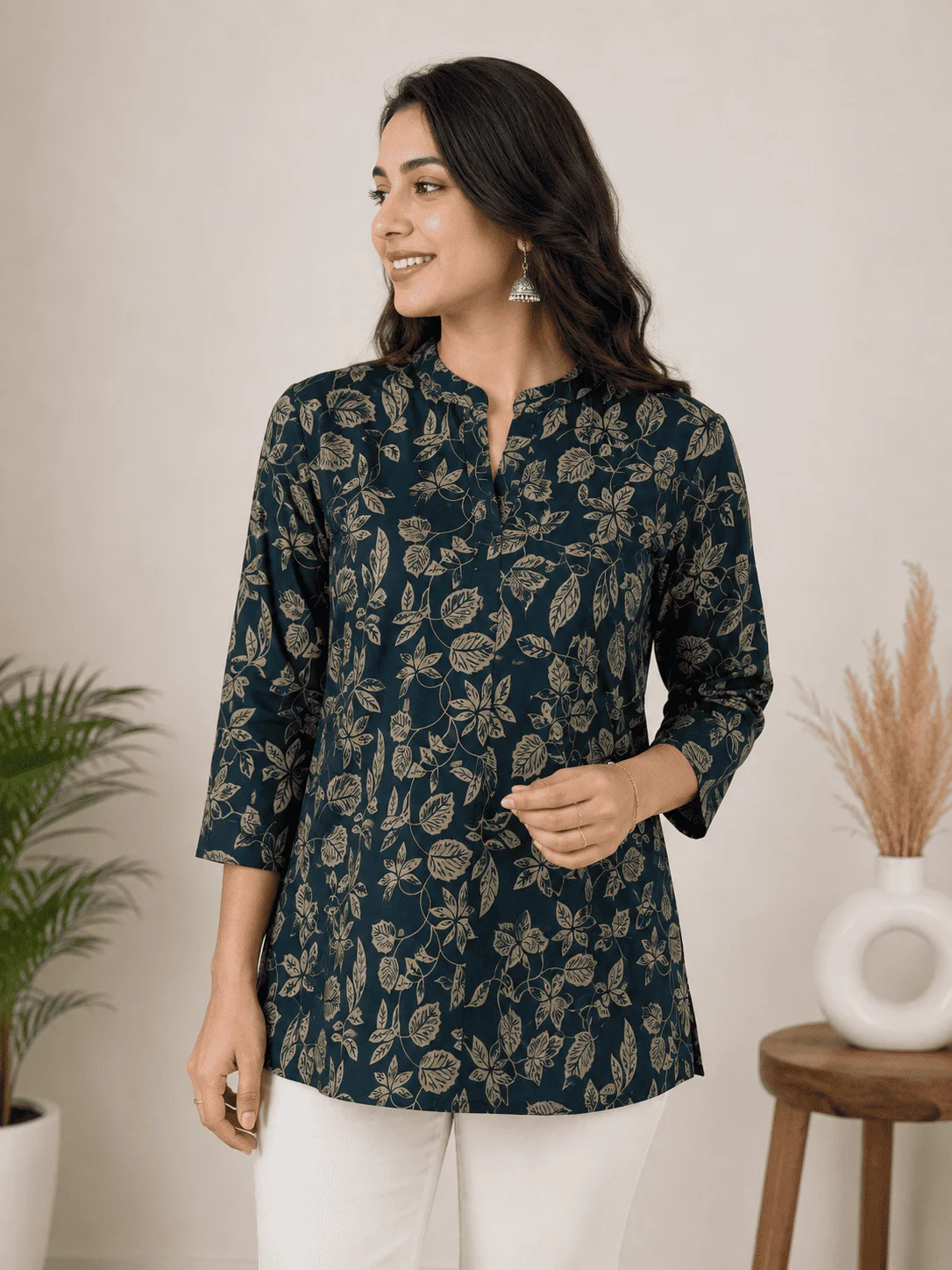 Women’s Elegant Floral Printed Short Kurti | Ethnic Mandarin Collar Top with 3/4 Sleeves | Stylish Cotton Casual Wear for Women