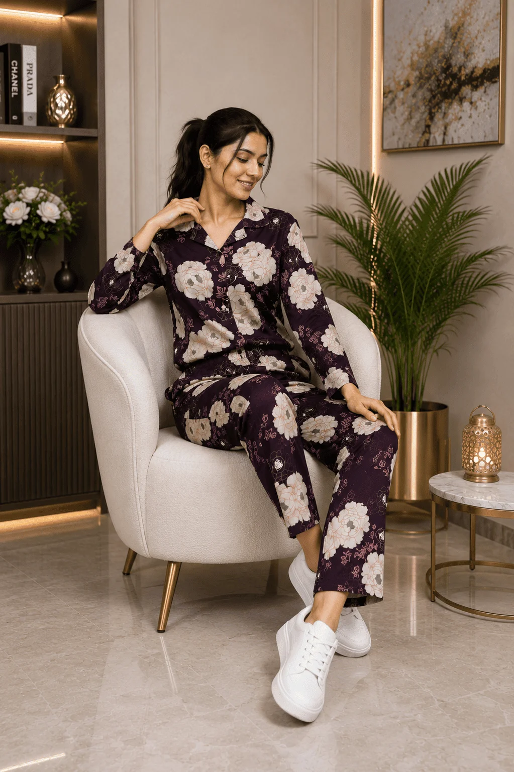 Women’s Floral Printed Loungewear Co-ord Set | Stylish Button-Down Shirt & Matching Trousers | Elegant Botanical Print Comfort Set for Daily Wear
