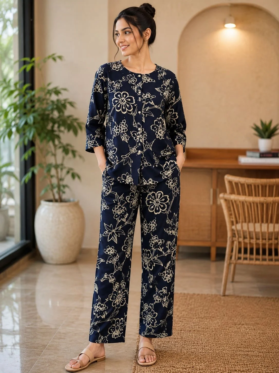 Women’s Floral Printed Loungewear Co-ord Set | Stylish Button-Down Top & Matching Wide-Leg Pants | Comfortable Cotton Casual Nightwear & Day Wear