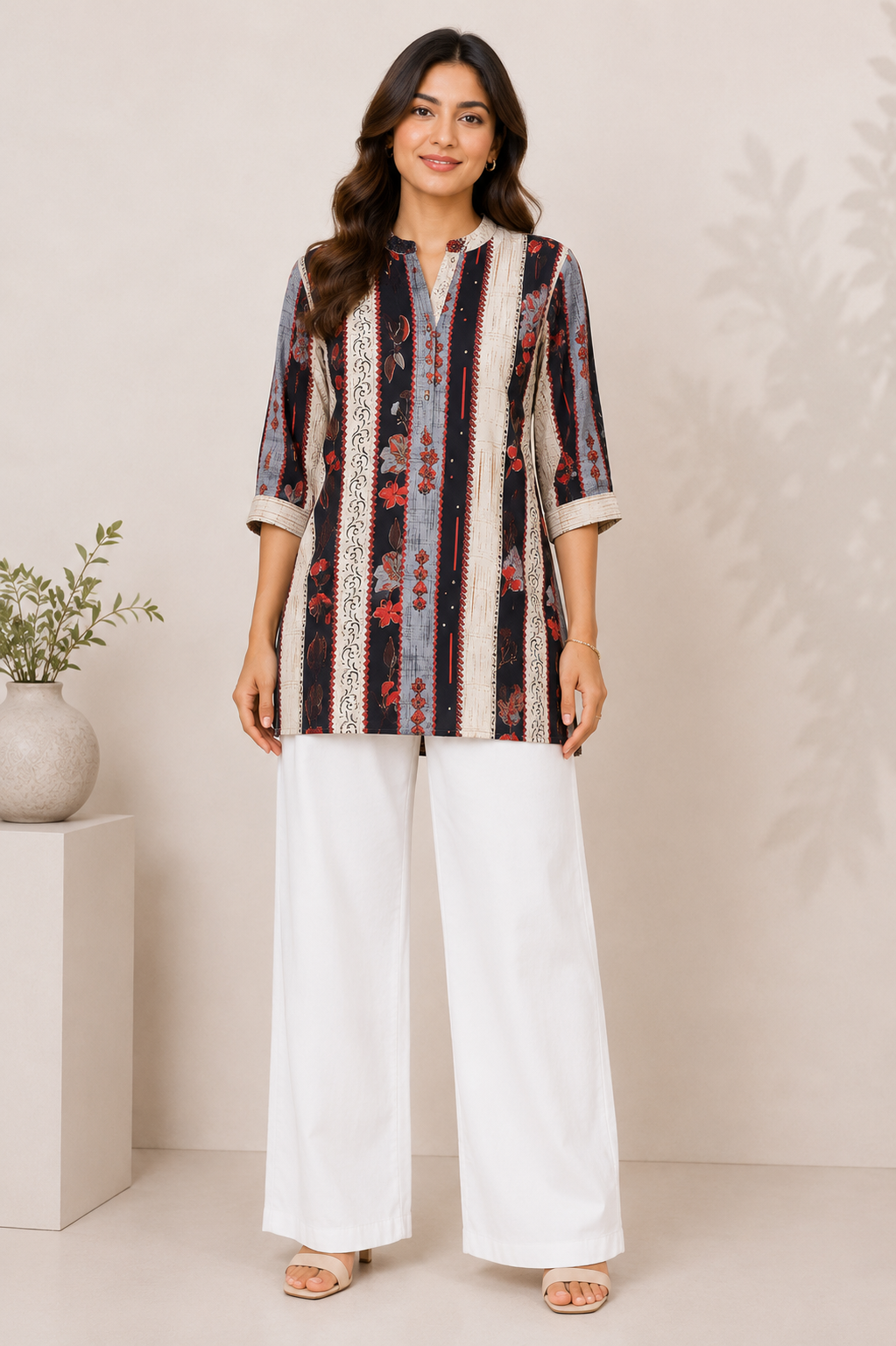 Women’s Floral Printed Mandarin Collar Kurti | Casual & Office Wear Ethnic Top | Comfortable 3/4 Sleeve Cotton Blend Straight Kurti for Women
