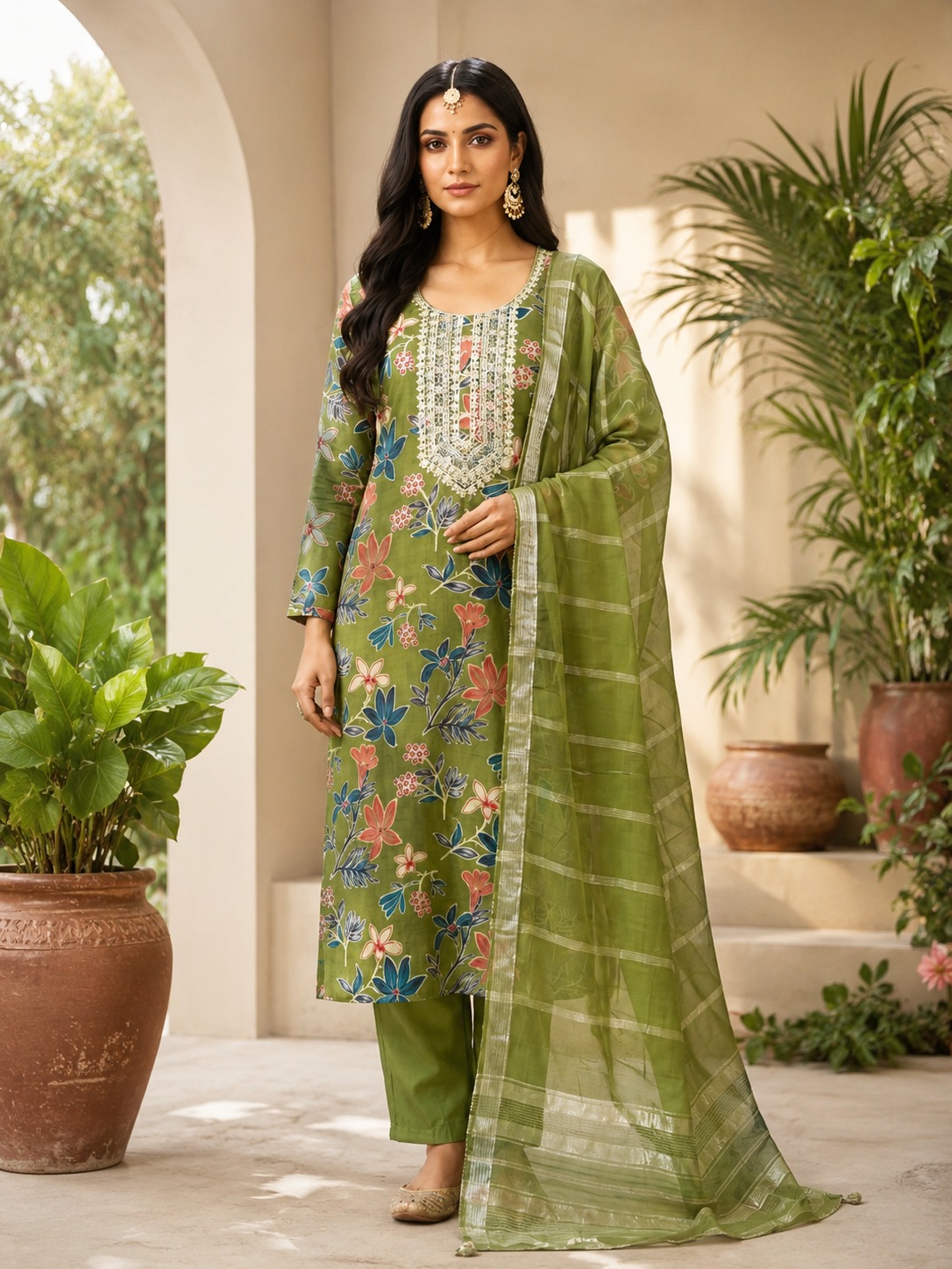 Women’s Floral Printed Straight Kurta Set with Dupatta | Olive Green Ethnic Suit Set for Festive & Party Wear | Comfortable Cotton Blend Kurti with Organza-Style Dupatta
