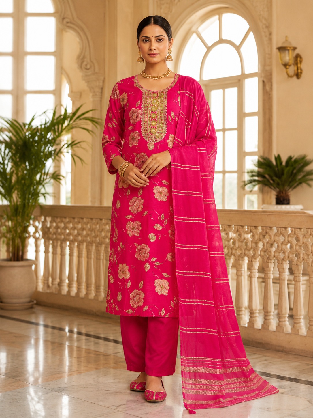 Women’s Fuchsia Pink Floral Embroidered Kurta Set with Dupatta