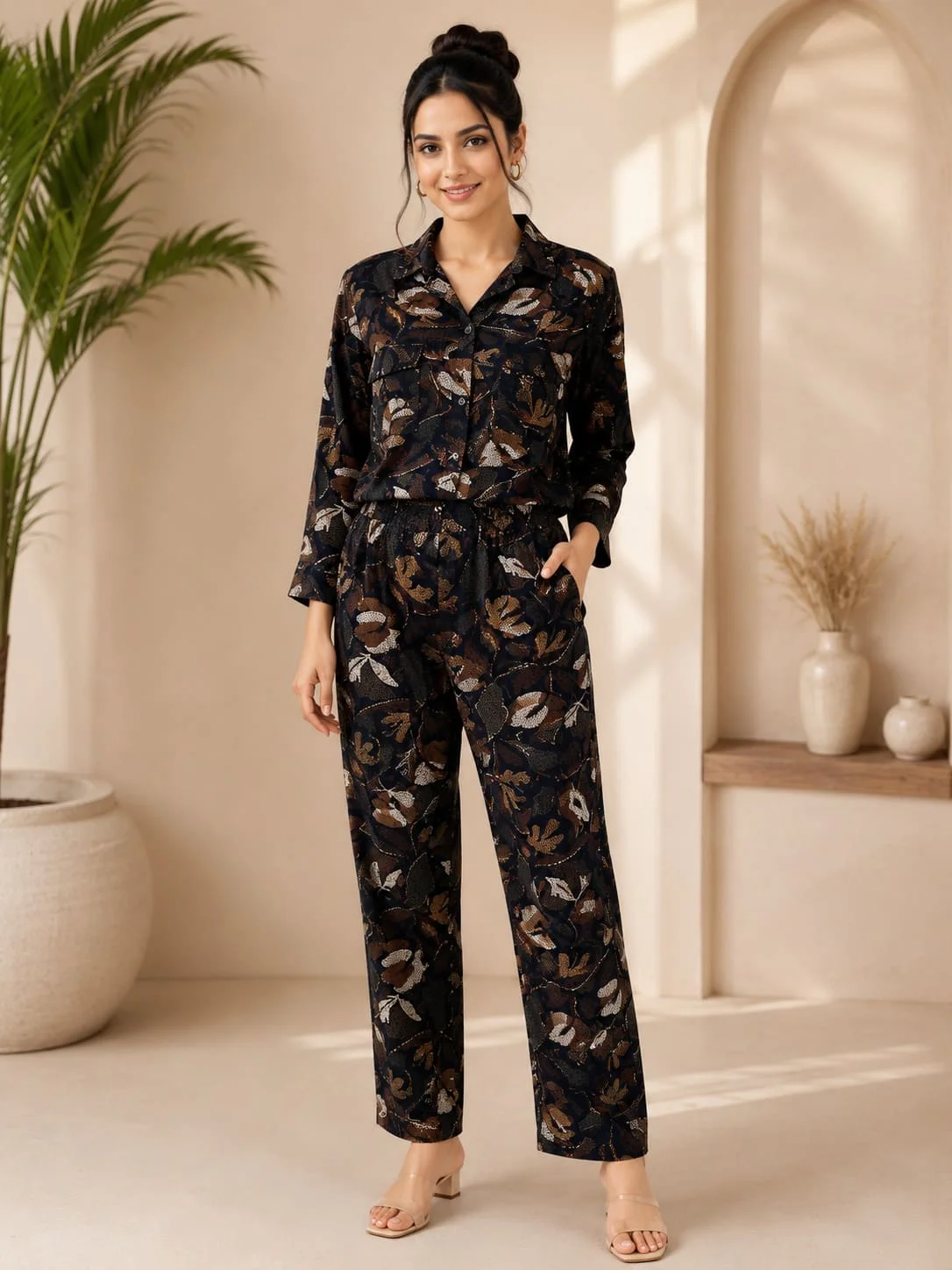 Women’s Printed Co-ord Set | Stylish Button-Down Shirt & Matching Trousers | Sophisticated Earth-Toned Botanical Print Loungewear
