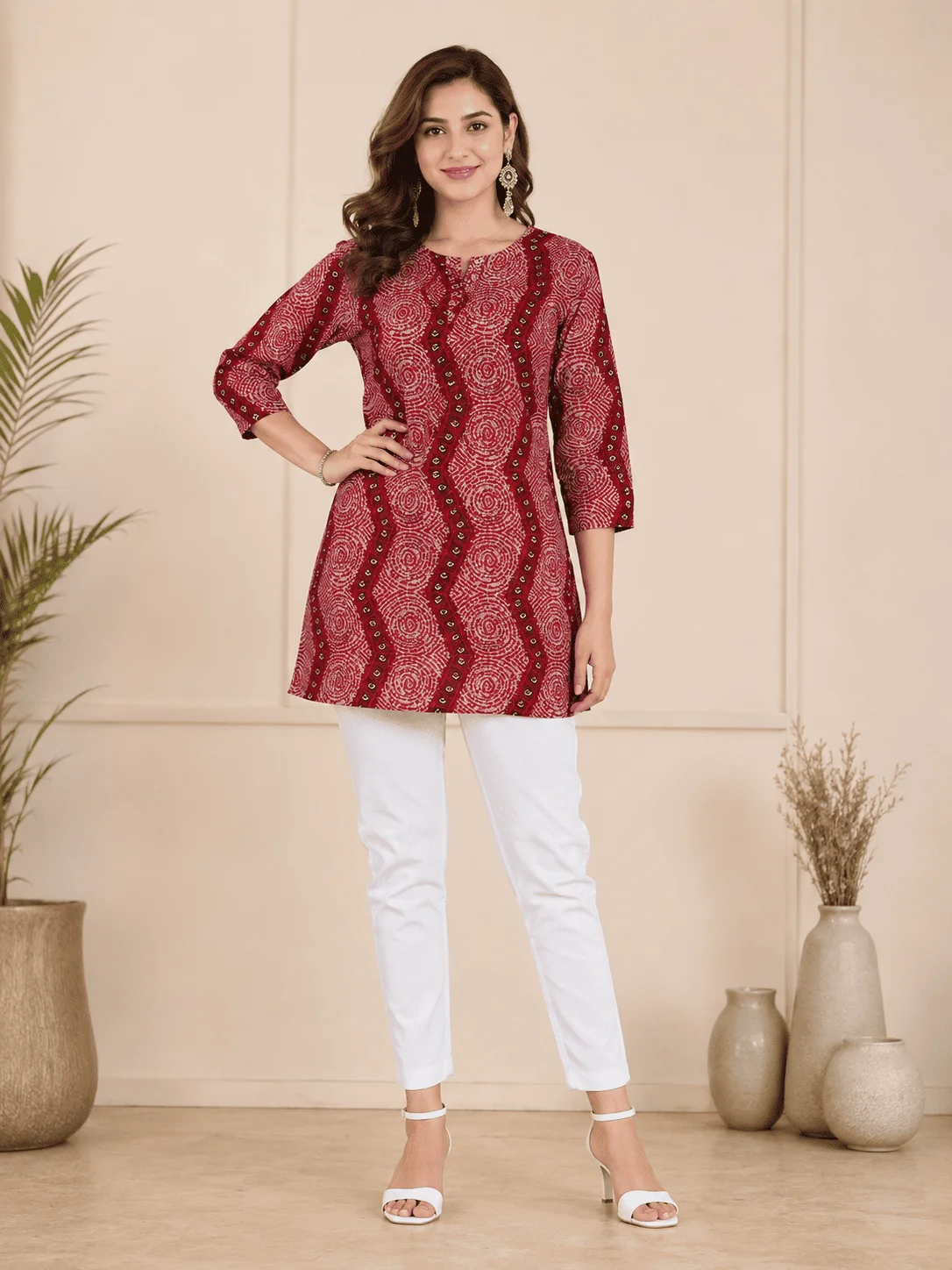 Women’s Red Ethnic Printed Short Kurti | Stylish Bandhani-Inspired Print Top with 3/4 Sleeves | Casual & Office Wear Ethnic Tunic for Women