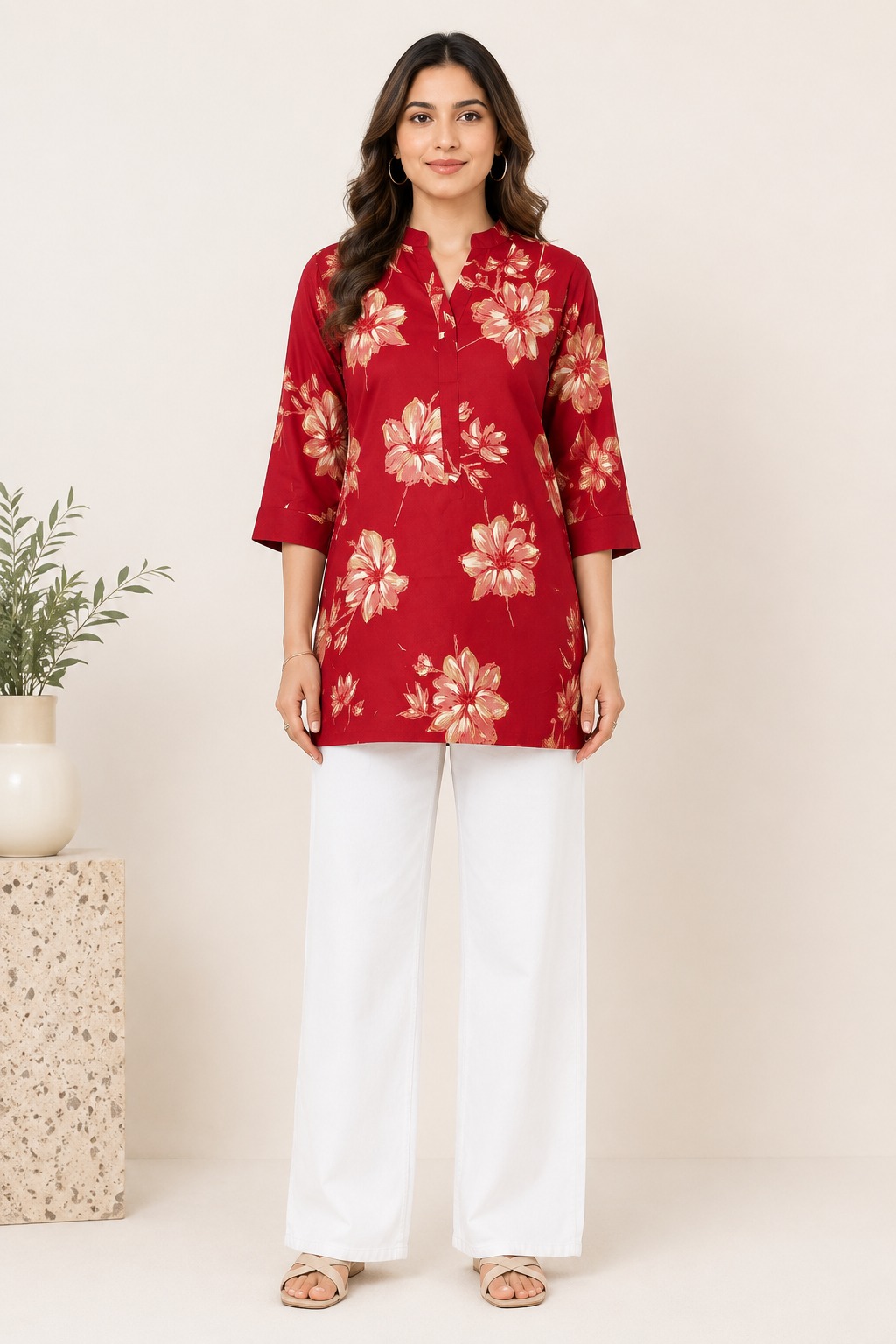 Women’s Red Floral Print Mandarin Collar Kurti | Elegant Ethnic Tunic for Daily & Office Wear