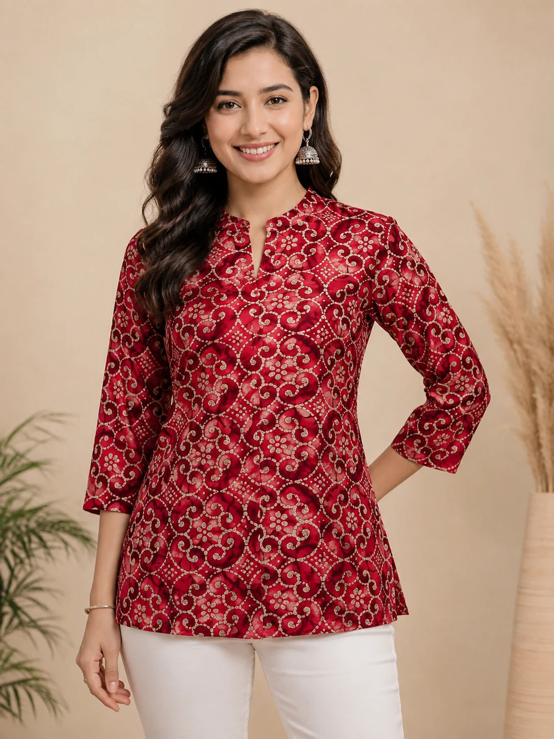 Women’s Red Ethnic Printed Short Kurti | Stylish Traditional-Inspired Patterned Tunic with Mandarin Collar | Comfortable 3/4 Sleeve Cotton Top for Casual & Office Wear