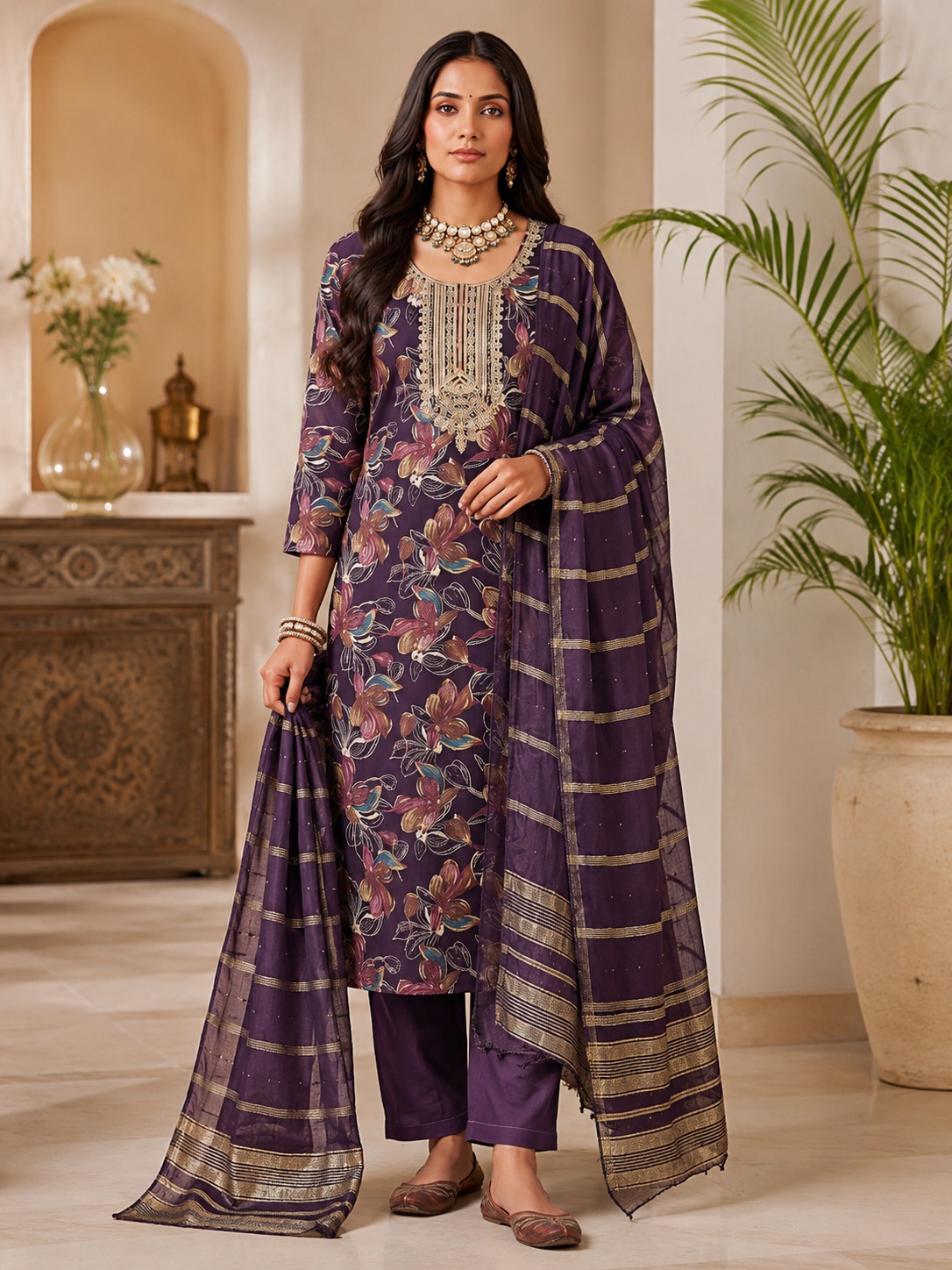 Women’s Royal Purple Floral Embroidered Kurta Set with Dupatta