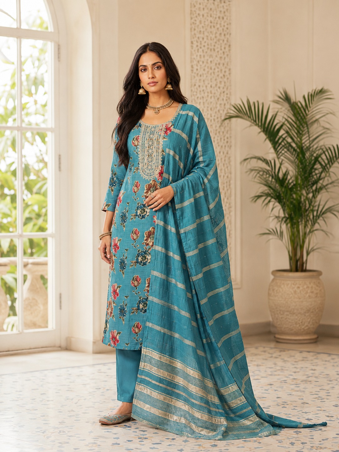 Women’s Teal Blue Floral Embroidered Kurta Set with Dupatta