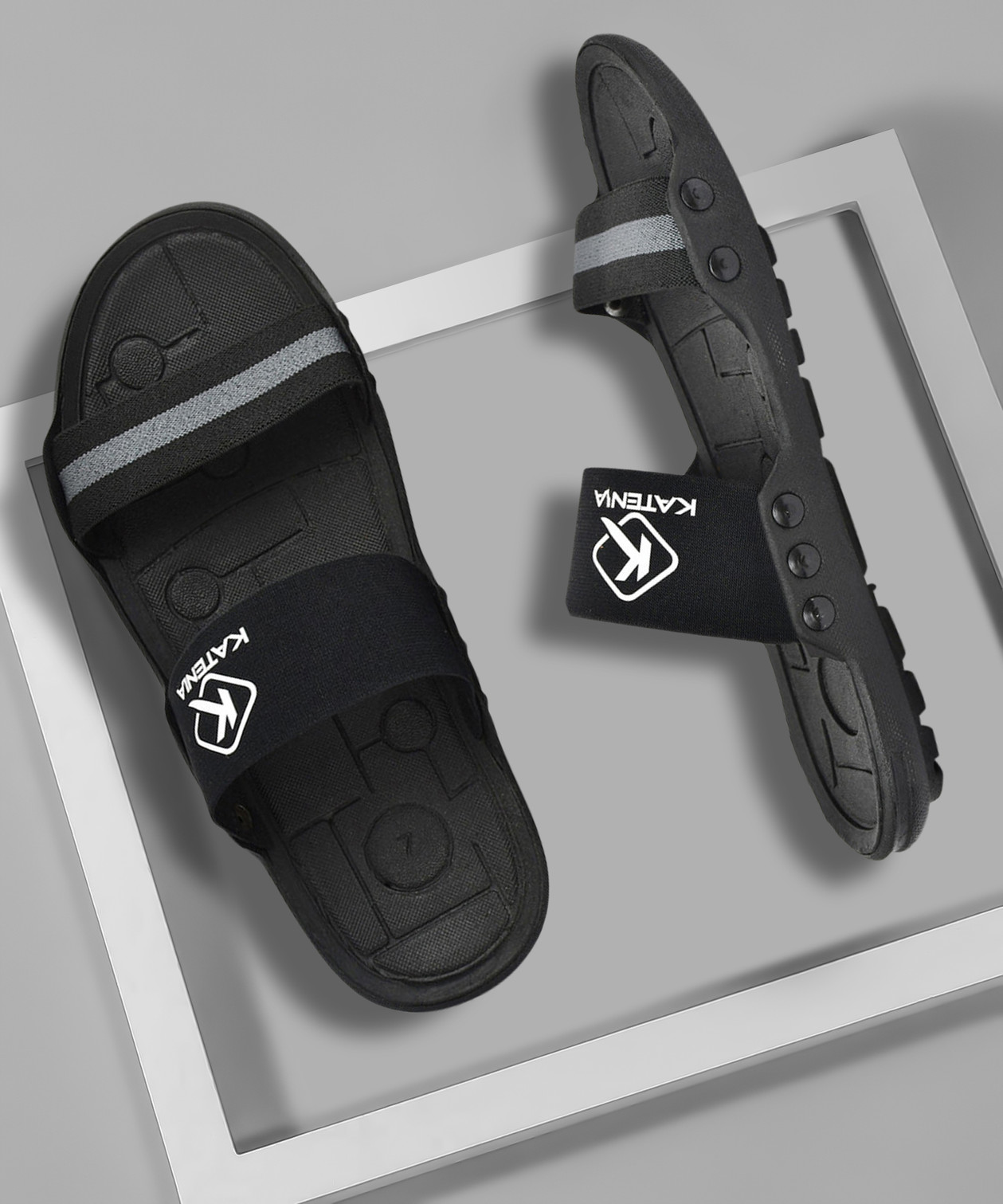 KATENIA Men Slides (Black, Grey , 8)