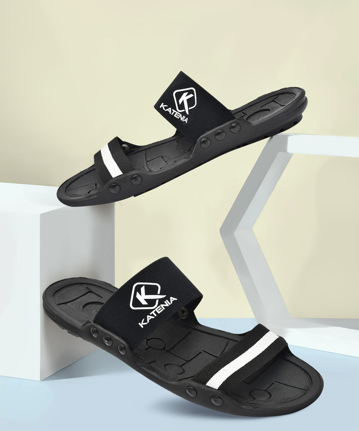 KATENIA Men Slides (Black, White , 7)