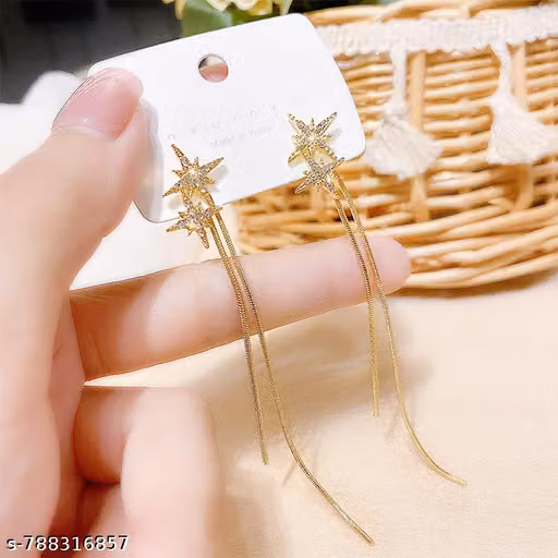 Star Shape Gold Plated Ear Climber Earrings with Long Tassel Chains