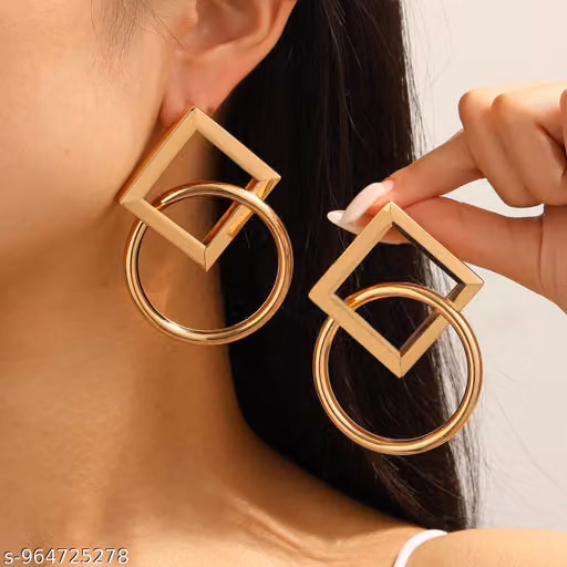 Stylish Gold-Toned Interlocking Square & Round Drop Earrings for Girls and Wome
