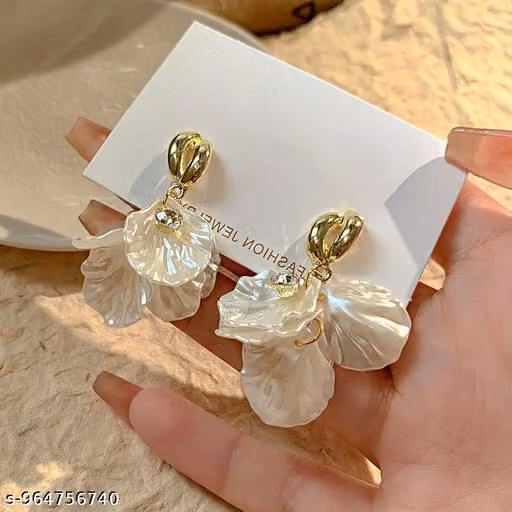 Trendy Korean Style White Flower Drop Earrings for Women & Girls | Pearl Finish Floral Dangle Earrings | Party Wear Fashion Jewellery